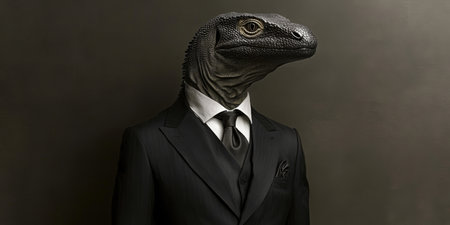 Reptilian Businessman A Striking Portrait of a Komodo Dragon in a Suit Against a Dark Backgroundの素材