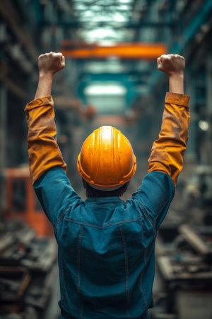 Industrial Worker Celebrates Success in Manufacturing Facility, Arms Raised in Triumphの素材