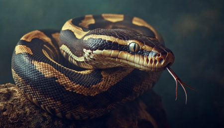 Close-Up Portrait of a Scaly Python Coiled on a Branch, Intense Stare, Dark Backgroundの素材
