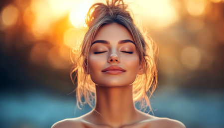 Sunlit Serenity Woman With Closed Eyes Embrace Warm Golden Hour Glow, Peaceful Portraitの素材