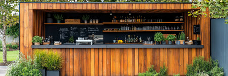 Modern Outdoor Kitchen Corner With Wooden Design,, Surrounded by Lush Greenery and Trending Appealの素材