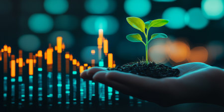 Hand Holding Small Green Plant Sprout Over Vibrant Financial Chart, Growth and Investment Conceptの素材