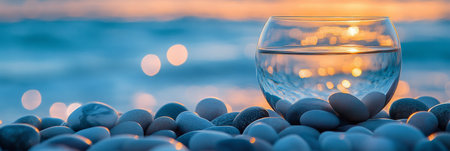Round Glass Bowl of Water on Smooth, Polished at Beach, Bokeh of Setting Sun over Oceanの素材