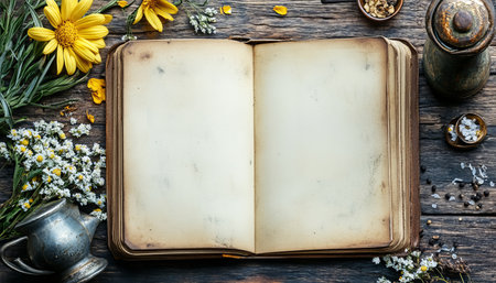 Open Antique Recipe Book Mockup with Herbs, Flowers, and Spices, Top View on Rustic Woodの素材