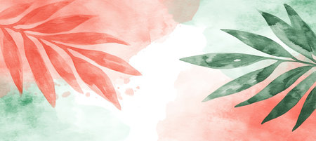 Soft Rose and Mint Green Watercolor Background, Leaves and Plants Silhouettes, Airy, Pastelの素材