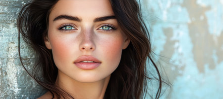 Portrait of a Beautiful Young Woman with Freckles and Long Hair, Beauty and Skincare Concept.の素材