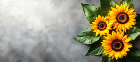 Autumn Floral Background, Border Of Sunflowers On Grey Texture. Thanksgiving Concept.の素材