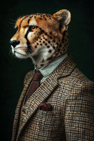 Anthropomorphic Cheetah in a Tweed Suit, Animal Human Hybrid Portrait, Dark Art Photographyの素材
