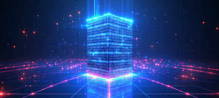 Luminous Data Cube on Neon Grid, Representing Digital Innovation, Big Data, and Cybersecurityの素材