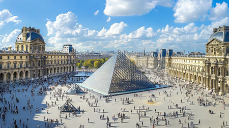 The Louvre Museum and Glass Pyramid in Paris, France A Historic Landmark on a Sunny Dayの素材