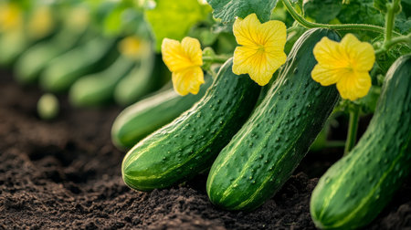 Fresh, Green Cucumbers Growing on the Vine with Yellow Flowers, Harvesting Concept, Selective Focusの素材