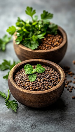 Two Wooden Bowls Filled with Brown Lentils, Fresh Herbs, on a Textured Grey Backgroundの素材