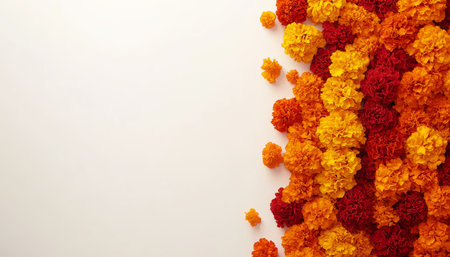 Vibrant Fall Floral Arrangement A Border of Red and Orange Marigolds on a White Backgroundの素材