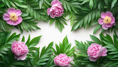 Frame Of Pink Peonies And Tropical Green Leaves On A Bright White Background With Copy Spaceの素材