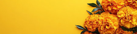 Vibrant Orange Marigold Flowers on Yellow Background with Copy Space for Text or Designの素材