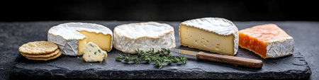 Rustic Cheese Board Assorted Soft and Hard Cheeses with Crackers on a Slate Backgroundの素材