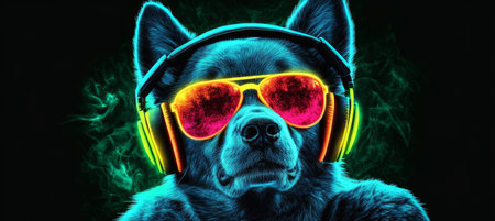 Cool Neon Party DJ Dog Portrait with Headphones and Sunglasses, Smoke Effect on Dark Backgroundの素材