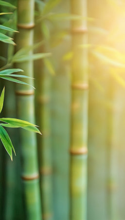 Green Bamboo Forest Background, Vibrant Nature Texture. Bamboo Stalks With Lush Leaves In Sunlightの素材