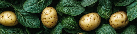 Close Up Of Harvested Organic Potatoes With Natural Green Leaves, Fresh Vegetables From Gardenの素材