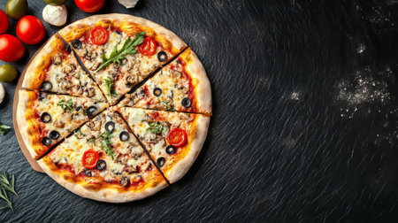 Delicious Pizza with Mushrooms, Arugula, and Fresh Tomatoes on Black Background, Copy Spaceの素材