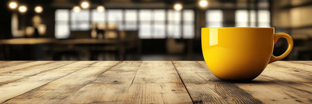 Yellow Coffee Cup On A Rustic Wooden Table In Front Of Blurred Cafe Interior, Food And Drink Conceptの素材
