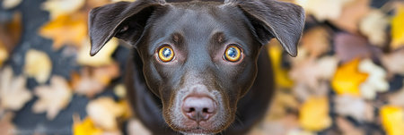 Autumn Gaze A Chocolate Labrador Retriever Enjoys The Beauty Of Fall Amid Crisp, Colorful Leavesの素材