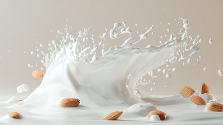 Fresh, Natural Almond Milk Splashing Dramatically with Almonds, a Healthy Beverage Alternativeの素材