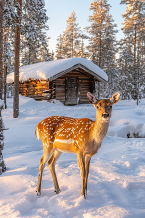 Young Wild Deer Standing in Snow, Log Cabin in a Snowy Forest, Winter Wonderland in Laplandの素材