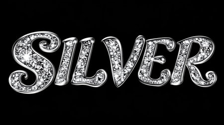 Sparkling silver diamond text effect on a black background, luxurious design element.の素材