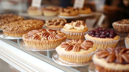 Fall Bakery Delights Pecan Pies, Cranberry Scones, and Spiced Cupcakes in Enticing Displayの素材