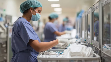 Experienced Nurse Prepares Medication with Precision in a Bustling Hospital Pharmacy Environmentの素材