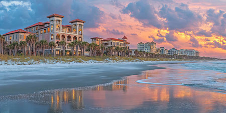 Luxury Oceanfront Properties with Balconies at a Vibrant Sunset, Coastal Living and Real Estate.の素材