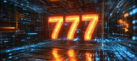 Glowing Digital Number 777 in a Futuristic Technological Space on an Abstract Backgroundの素材