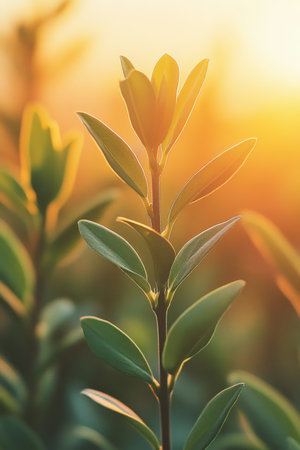 Backlit Fresh Green Spring Leaves on Thin Branch, Shallow Depth of Field, Vibrant, Natural Sunlightの素材