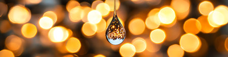 Single Water Droplet Reflecting Golden Bokeh Lights, Abstract Sparkly Christmas Lights Backgroundの素材