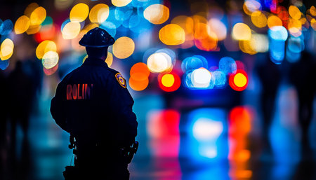 Police Officer On Duty At Night, Emergency Response Scene With Blurred Police Car Lightsの素材