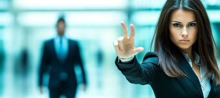 Serious Businesswoman Using Stop Gesture For Avoiding Uncomfortable Interaction With Colleagueの素材