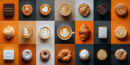 Coffee, Doughnuts, Pastries,, Delicious treats And Assorted Dessert Selection Collageの素材