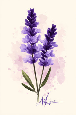 Watercolor Illustration of Lavender Sprigs, Minimalist Purple Floral Design on Blush Backgroundの素材