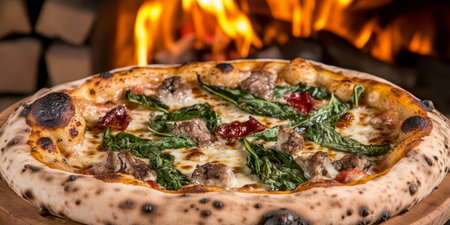 Delicious Wood-Fired Pizza with Arugula and Sausage, Freshly Baked in a Traditional Ovenの素材
