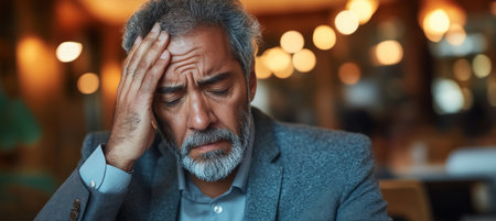 Stressed, Middle-Aged Man In A Restaurant, Experiencing A Headache Or Migraine While Sitting Aloneの素材