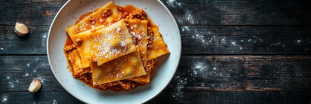 Overhead View of Delicious Italian Lasagna with Meat Sauce, Served on a Rustic Wooden Tableの素材