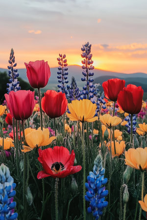 Vivid Wildflower Meadow, Scenic Landscape, Colorful Spring Blooms, Golden Hour Sunsetの素材