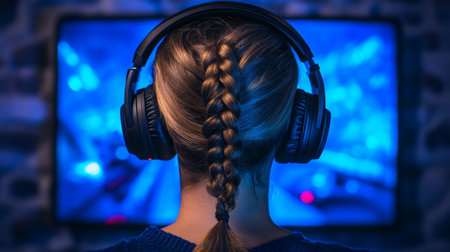 Gamer in Headphones Immersed in Video Game, Dramatic Lighting, Concentration, Technologyの素材