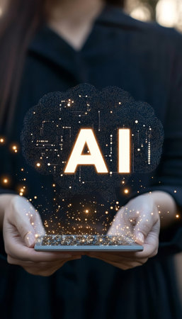 Human Hands Holding AI Text Cloud And Smartphone With Sparkly Glitter Effect Illuminating The Darkの素材