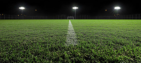 Illuminated Soccer Field at Night, Floodlights Creating Dramatic Atmosphere During a Football Game.の素材