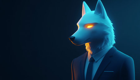 Anthropomorphic Wolf in Suit, Dark Background, Profile View, Animal Human Blend, Concept Artの素材