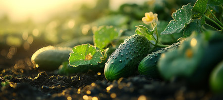 Fresh, Green Cucumbers Grow on the Vine, Bathed in the Warm, Golden Light of Sunrise.の素材