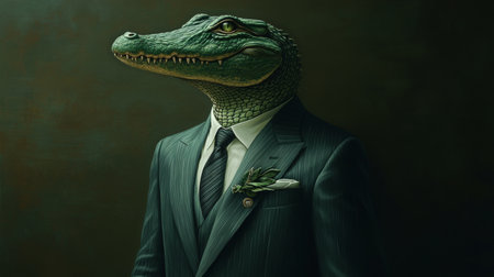 Sophisticated Crocodile in Suit, Surreal Animal Human Hybrid Portrait Against a Moody Backgroundの素材