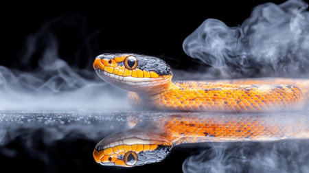 Vibrant Orange and Black Snake Emerging from Fog, with Reflection in Black Background, Close Upの素材